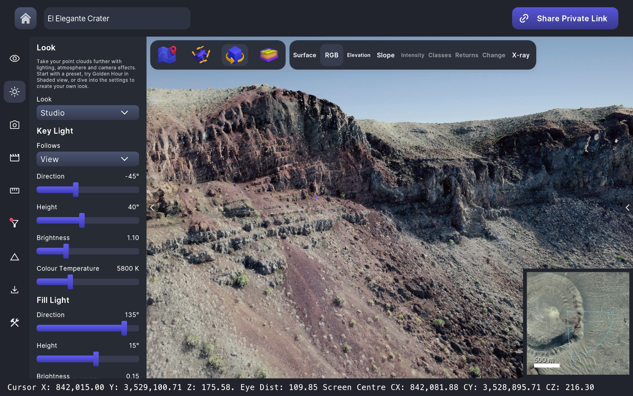 El Elegante Crater point cloud in PurpleGeo's RGB view, showing the rock face in its source colours