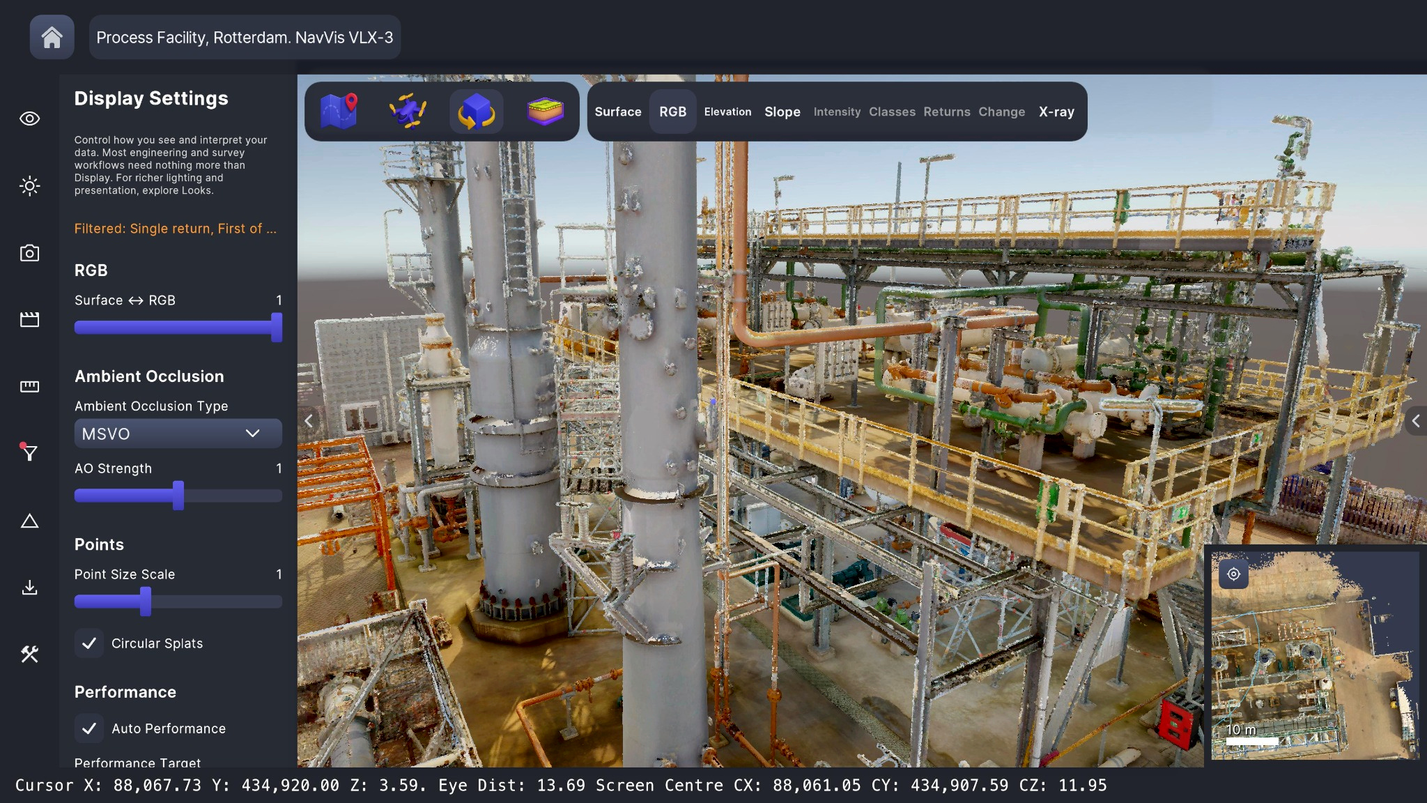 PurpleGeo displaying a point cloud of a process facility in Rotterdam, with display controls and a site overview