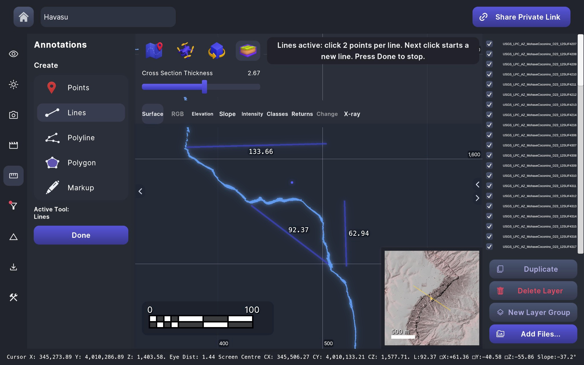 PurpleGeo showing line measurements across the Havasu cross-section profile, with annotation tools, a coordinate grid, scale bar and overview map